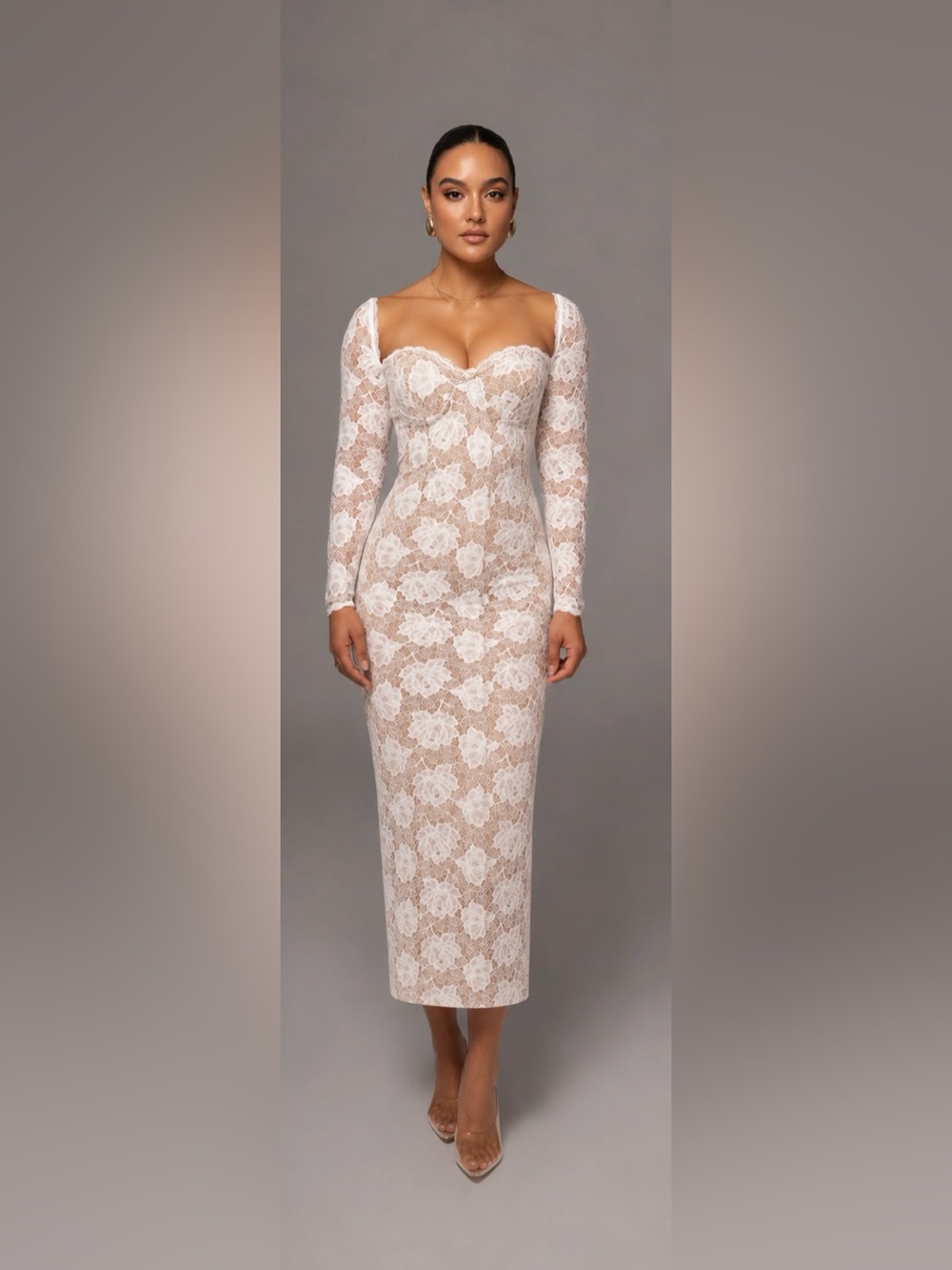 Long-Sleeve White Lace Midi Dress with Sweetheart Neckline
